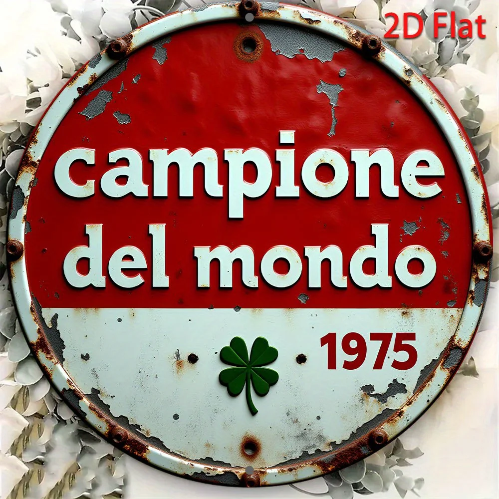 2D Flat, Vintage 2D Flat Alpha Romeo Campione del Mondo 1975 Metal Sign - 8-Inch Round Rustic Red & White Wall Art with Green Cl
