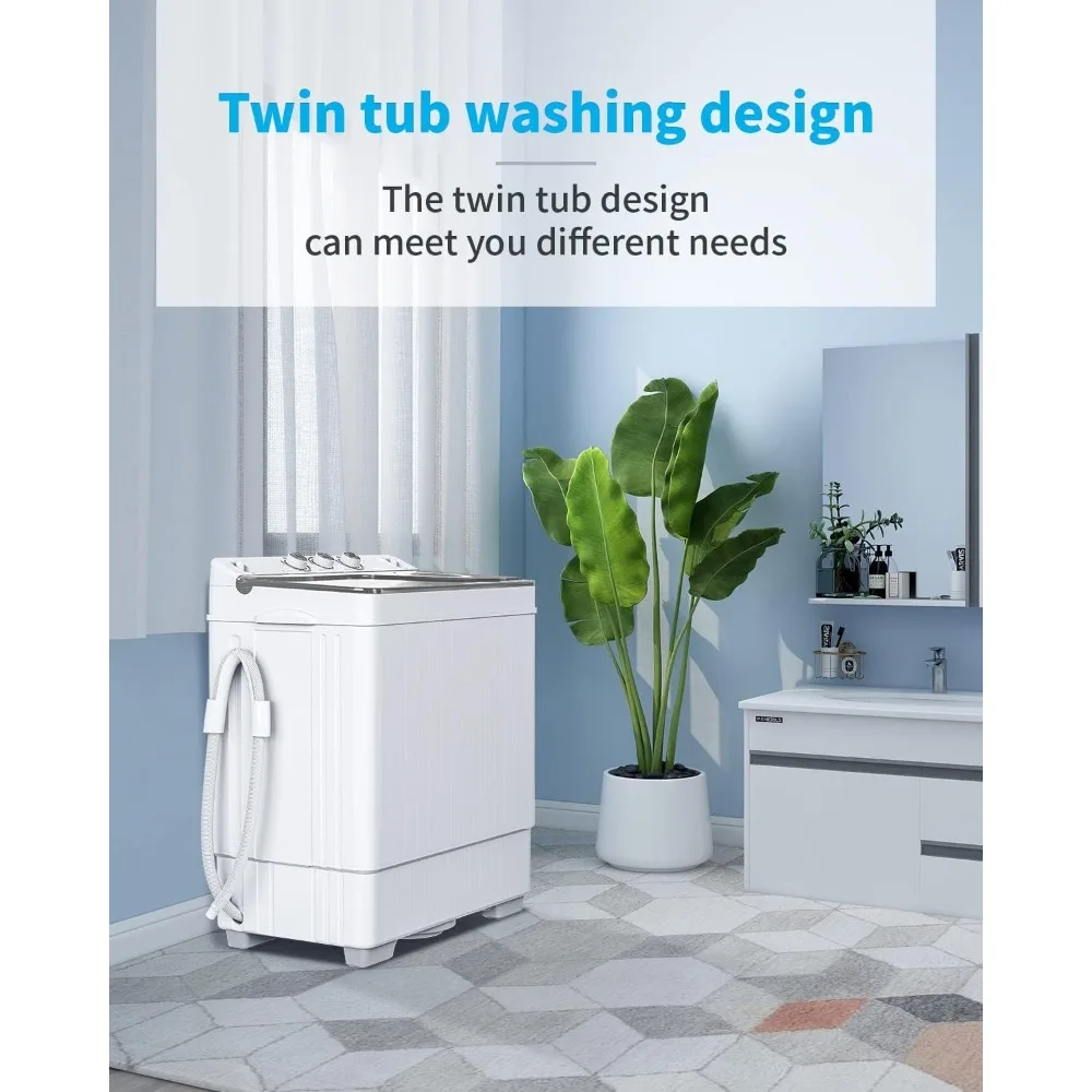 26lbs Compact Twin Tub Portable Washing Machine, Mini Washer(18lbs) & Spiner(8lbs) / Built-in Drain Pump/Semi-Automatic