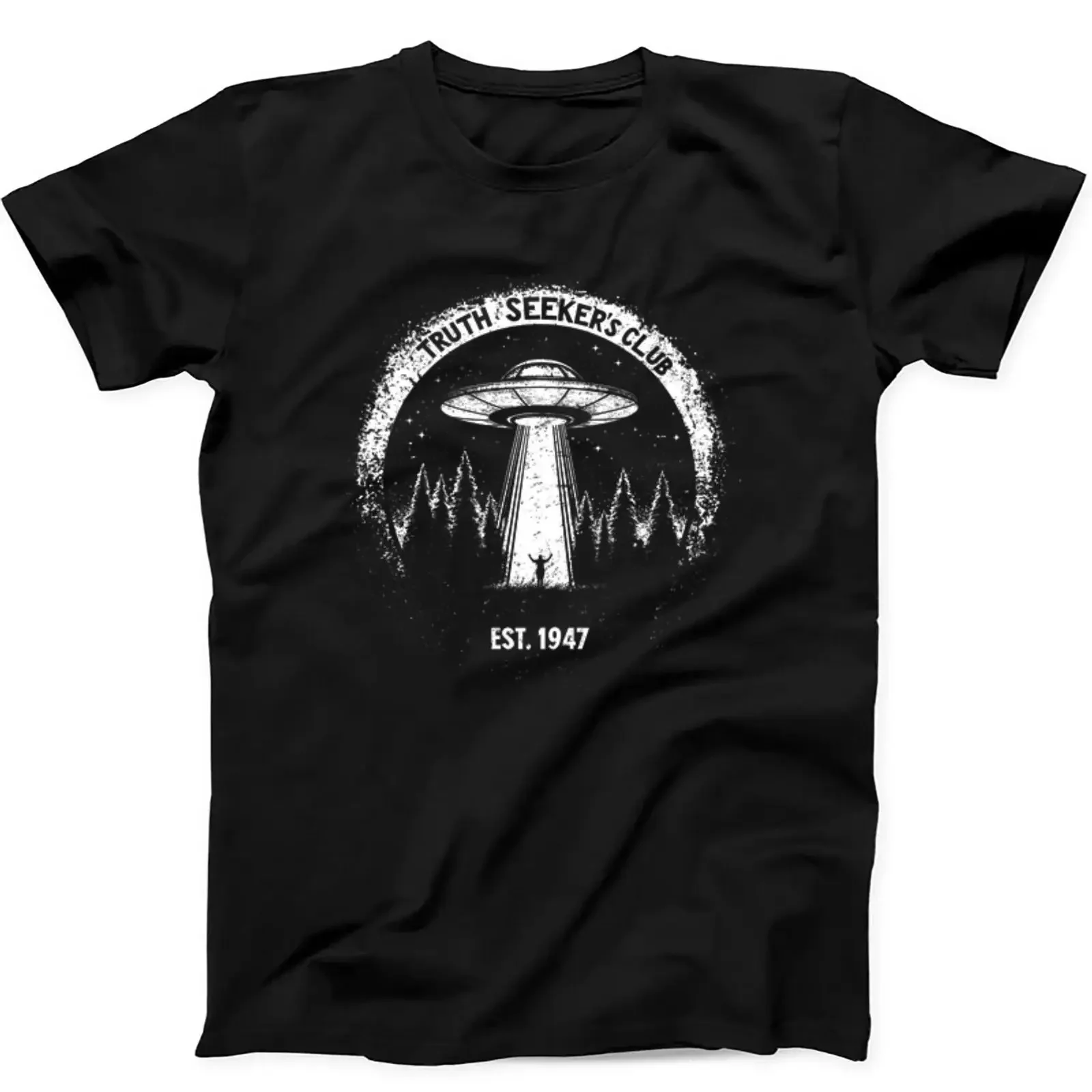 T-shirt noir amusant vintage délavé et extensible, style streetwear, du Club des Chercheurs de Vérité, fondé en 1947, sur le thème des OVNIs, des abductions extraterrestres et des soucoupes volantes de Roswell