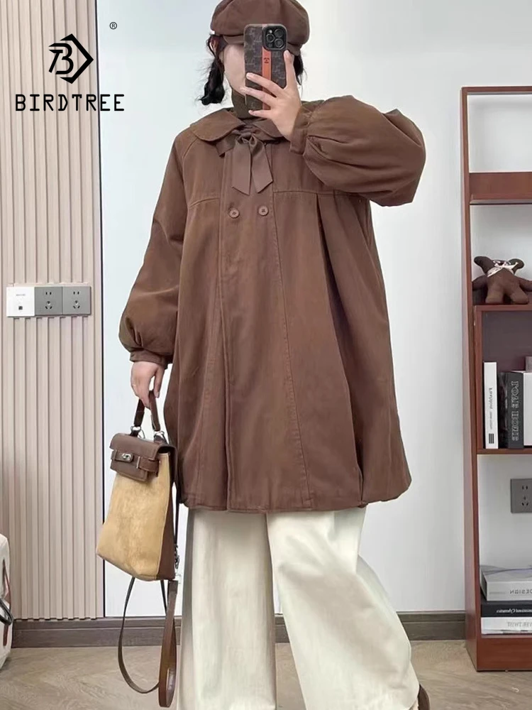 

New 2025 Winter Cotton Padded Coat, Women Peter Pan Collar Bow Patchwork, Mori Girl Age Reduction Warm Loose Outerwear C5D426CC