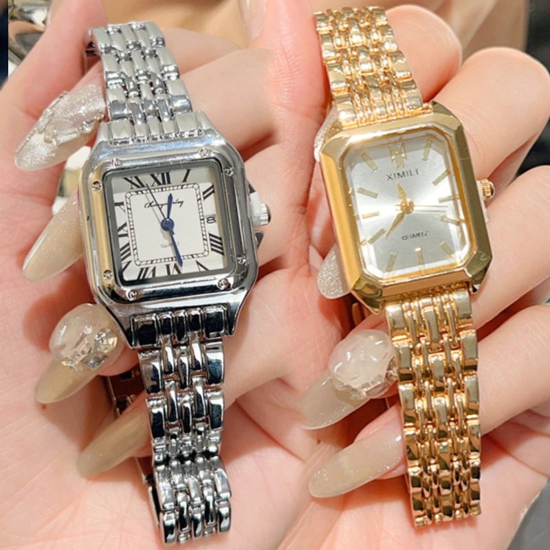 Luxury Ladies Fashion Quartz Watch Simple Scale Square Quality Gold Plated Women Watches Business Stainless Steel Folding Clock