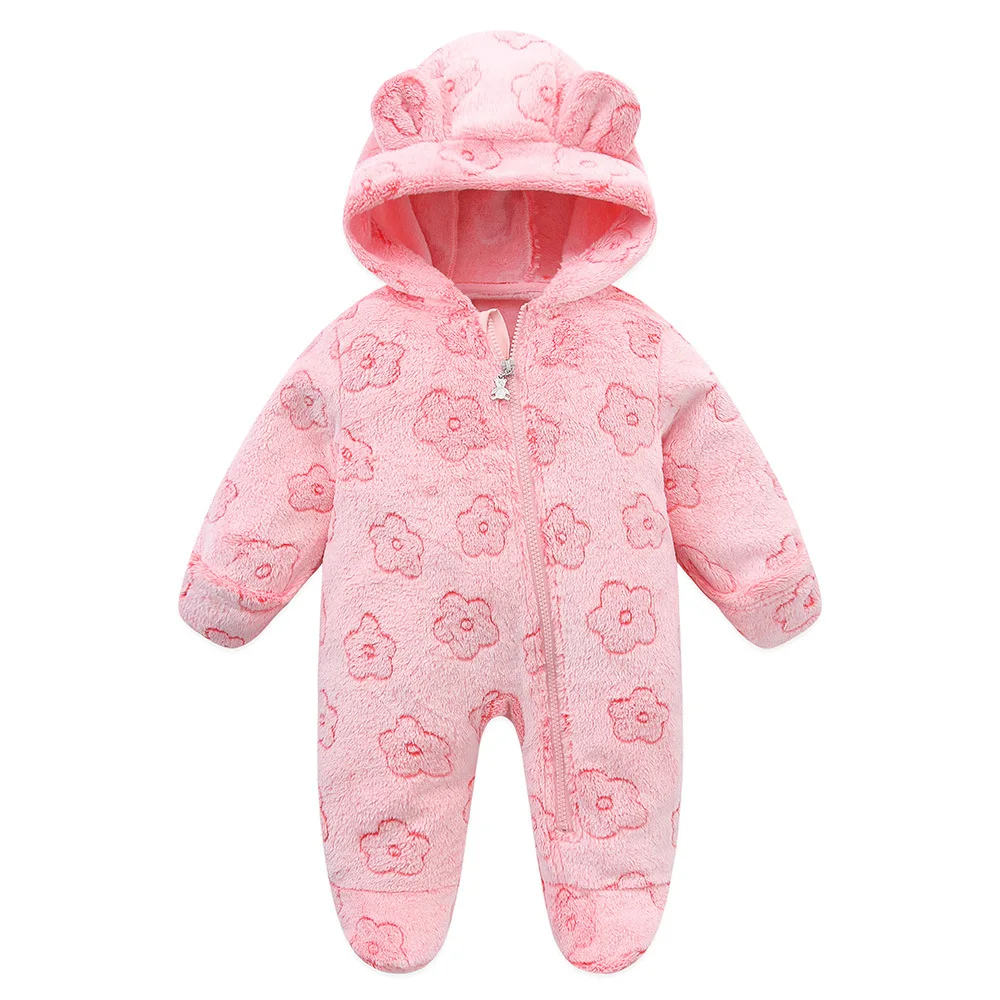 Bebê recém-nascido outono inverno macio flanela macacão da criança bonito dos desenhos animados com capuz zíper quente macacão de uma peça infantil playsuit