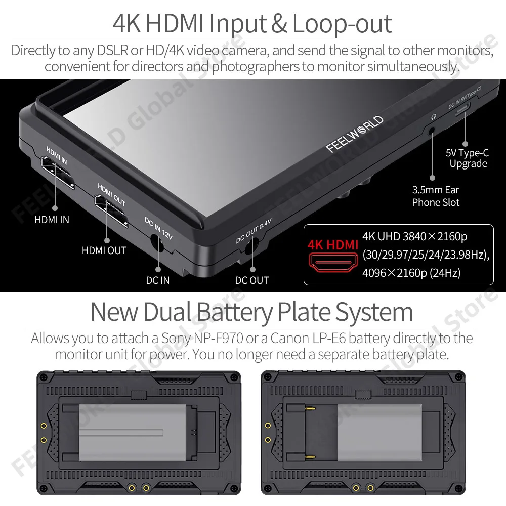 Feelworld V3 FW568มอนิเตอร์ฟิลด์สัญญาณรูปแบบคลื่นกล้องถ่ายรูปแบบพกพา6นิ้ว4K HDMI เข้า-ออกเต็ม HD 1920x1080เอาต์พุตแขนเอียง