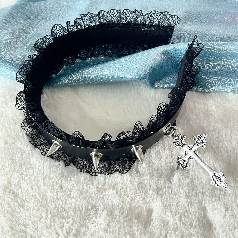 Y2K Women Girls Punk Lace Rivet Gothic Cross Chain Headband Hair Bands Headdress Lolita Cosplay Hair Hoop Hair Accessories