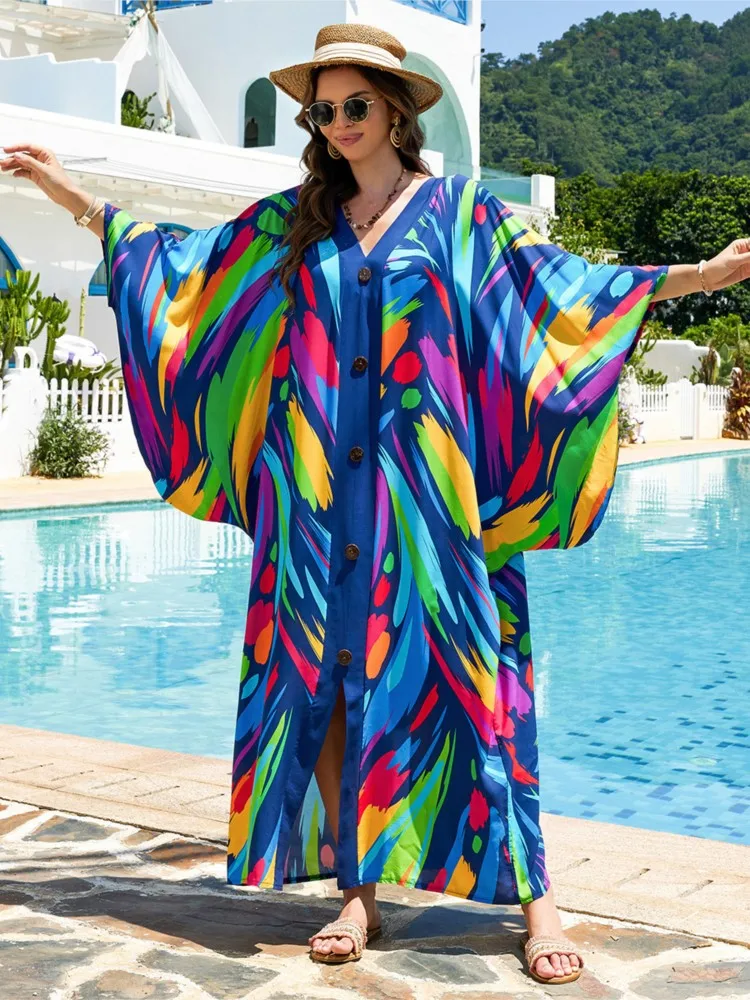 Summer Cover Ups Women Swimsuit 3/4 Sleeve Robes Bathing Suit Robe Dress 2026 New Tie Dye Beach Holiday Maxi Dresses Cover-Up