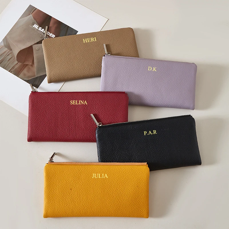 Custom Initials Luxury RFID Long Wallet Woman Genuine Leather Fashion Vintage Card Holder Personalized Cowhide Zip Coin Purse