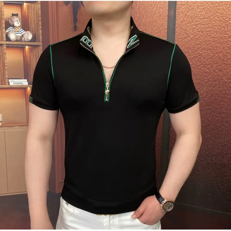 Summer Collar Embroidered Polo Shirt for Men Slim Fit Short Sleeve Casual T-shirt Business Social Half Zipper Social T-shirts