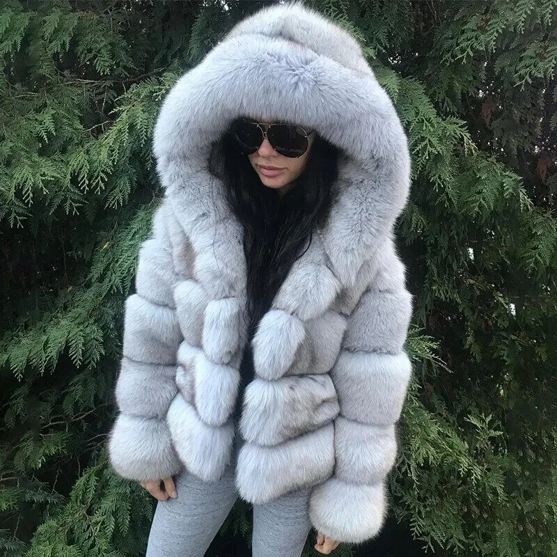 

Women's Real Fox Fur Coat Hooded Fashion Luxury Raccoon Leather Jacket Warm Winter 100% Natural Fluffy Animal Fur Outerwear New