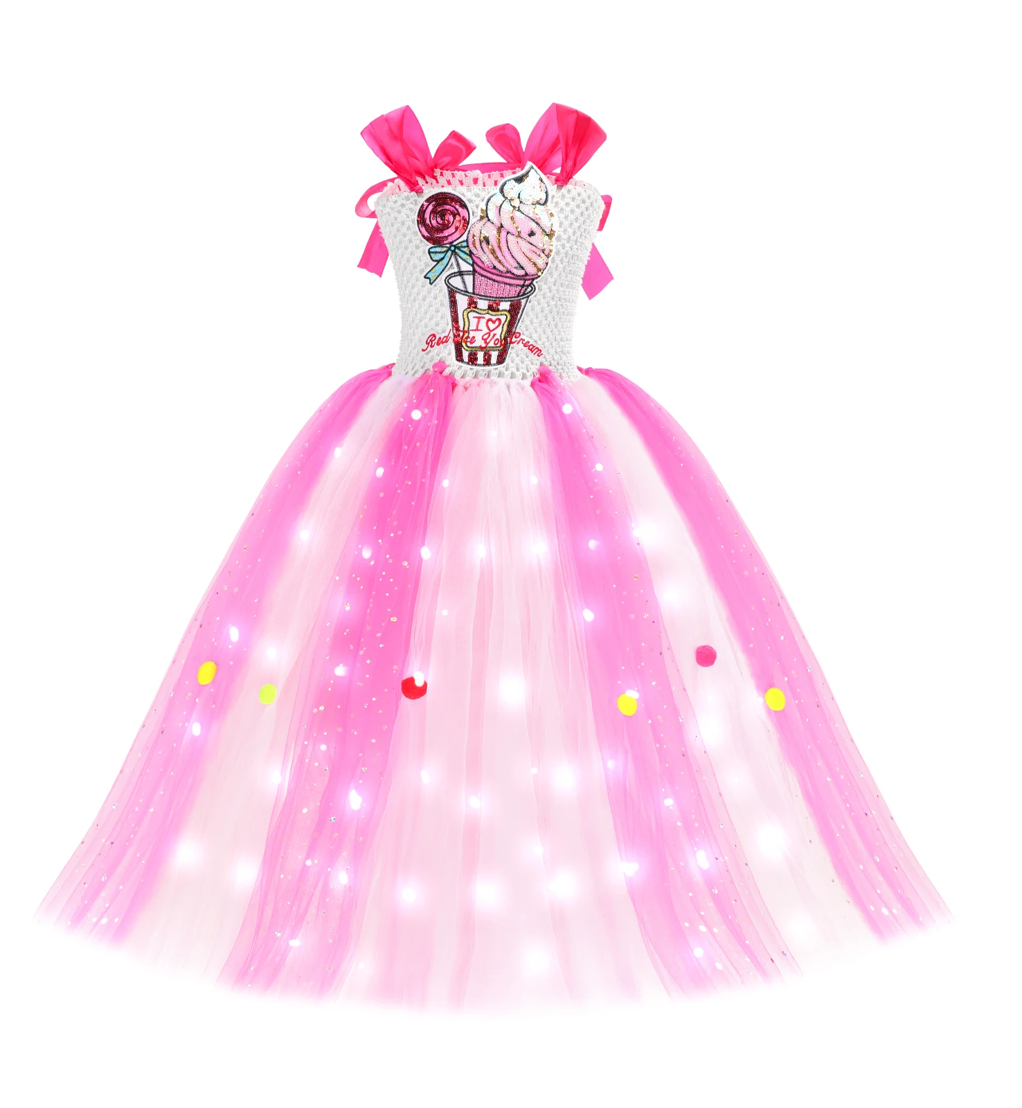 

MUABABY Glowing Ice Cream Tutu Dress Girls Carnival Purim Princess Party Dress Toddler Fairy Candy Frock with LED Light