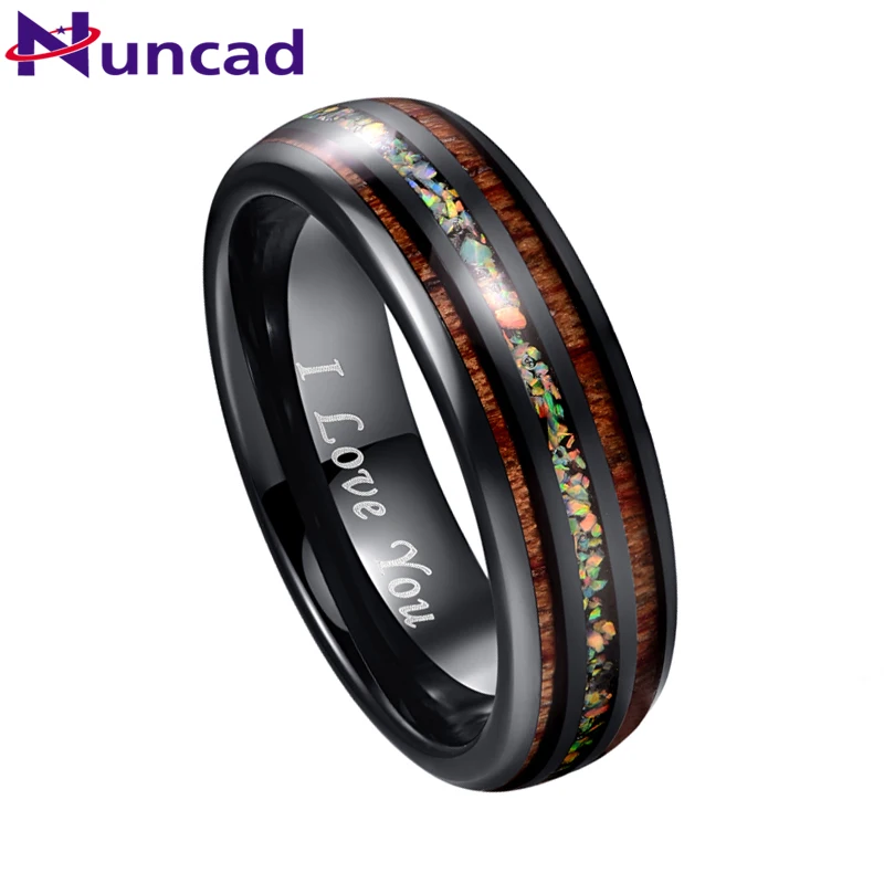 NUNCAD 6mm Tungsten Carbide Ring Opal Hawaii Koa Wood Komaru Width Color Rainbow Men's Women's I Love You Ring AAA Quality