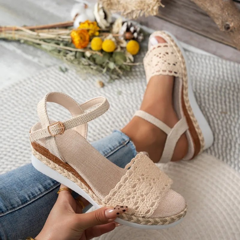 Sandalias de cuña de encaje para mujer, plataforma de esparto, punta abierta, con correa al tobillo, zapatos casuales de verano, cómodos para caminar al aire libre en la playa, elegantes