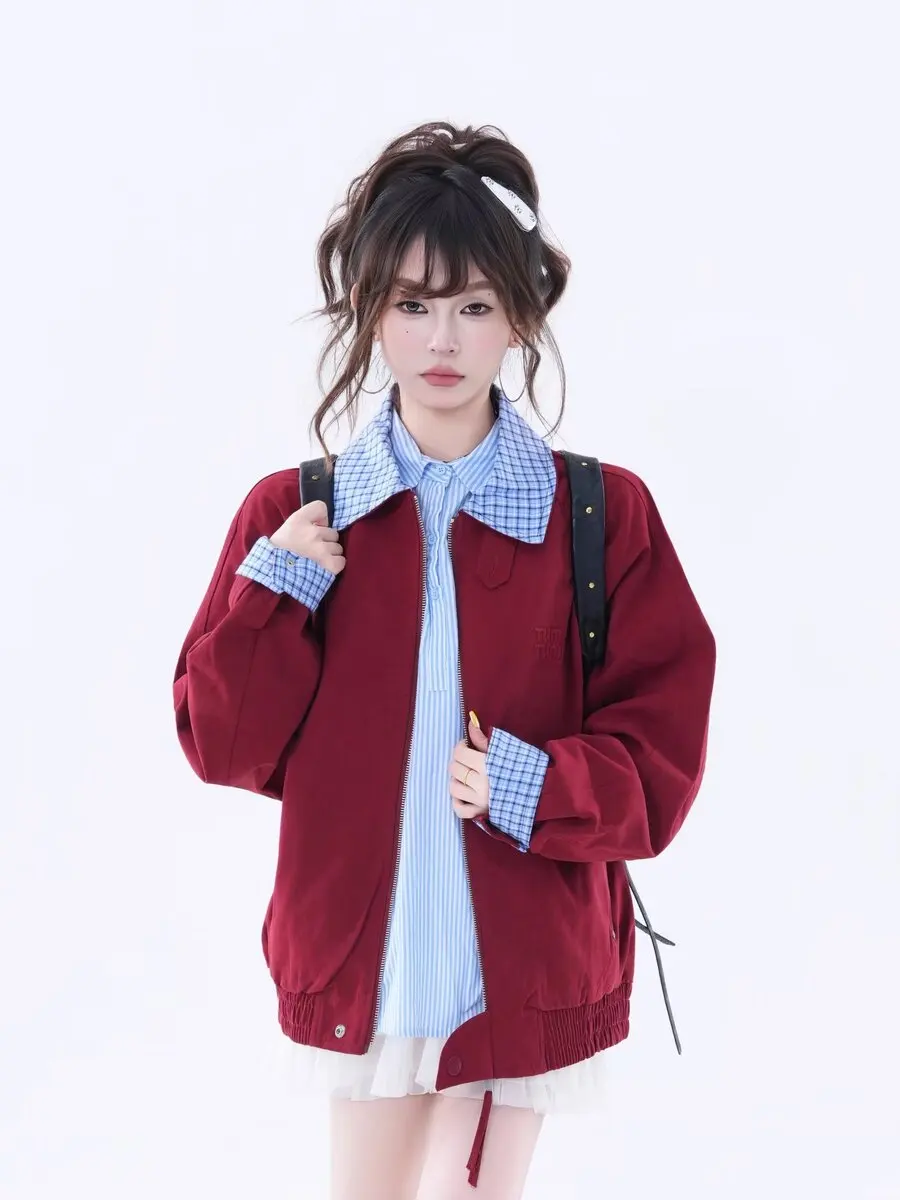 따뜻한 내마모성 체크 패치워크 칼라 소매 재킷 학생 커플용 프레피 스타일 아우터웨어 면 혼방 유니섹스