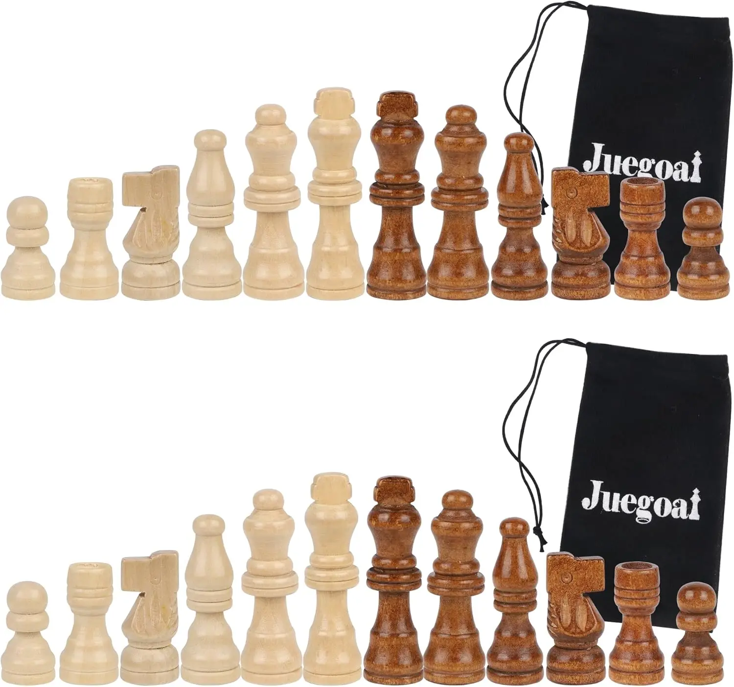 

2 Pack Wooden Chess Pieces, 32-Piece Set, 2.4' King, Replacement Figurines with Storage Bag