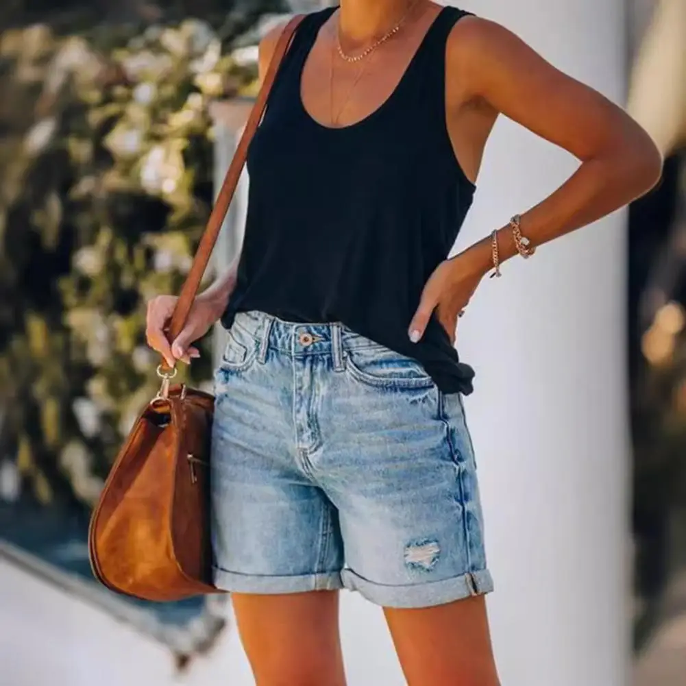 Jean Shorts for Women High Waisted Ripped Distressed Denim Shorts Summer Stretchy Casual Shorts with Pockets