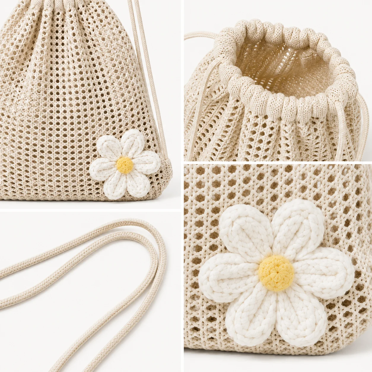 Women’s Crochet Drawstring Backpack with Daisy Flower, Lightweight Hollow Knit Shoulder Bag for Travel, Beach & Daily Use
