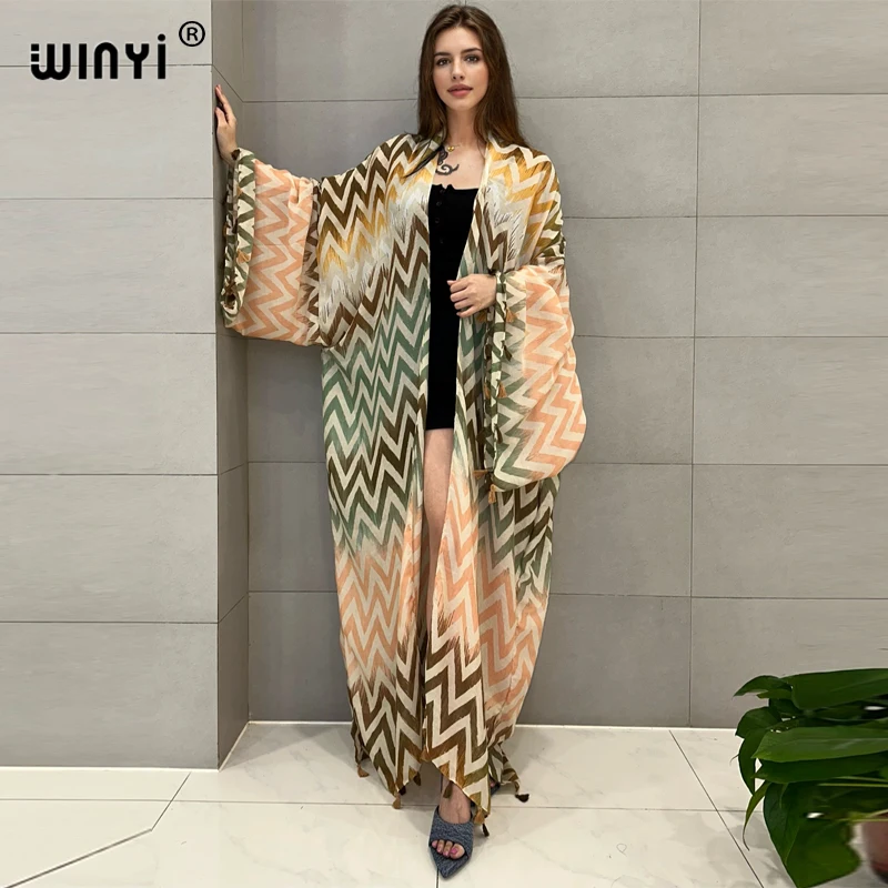 WINYI summer kimono beach wear women 2024 Africa dress bikini cover up Cardigan boho print coat abayas dubai luxury tassel dress