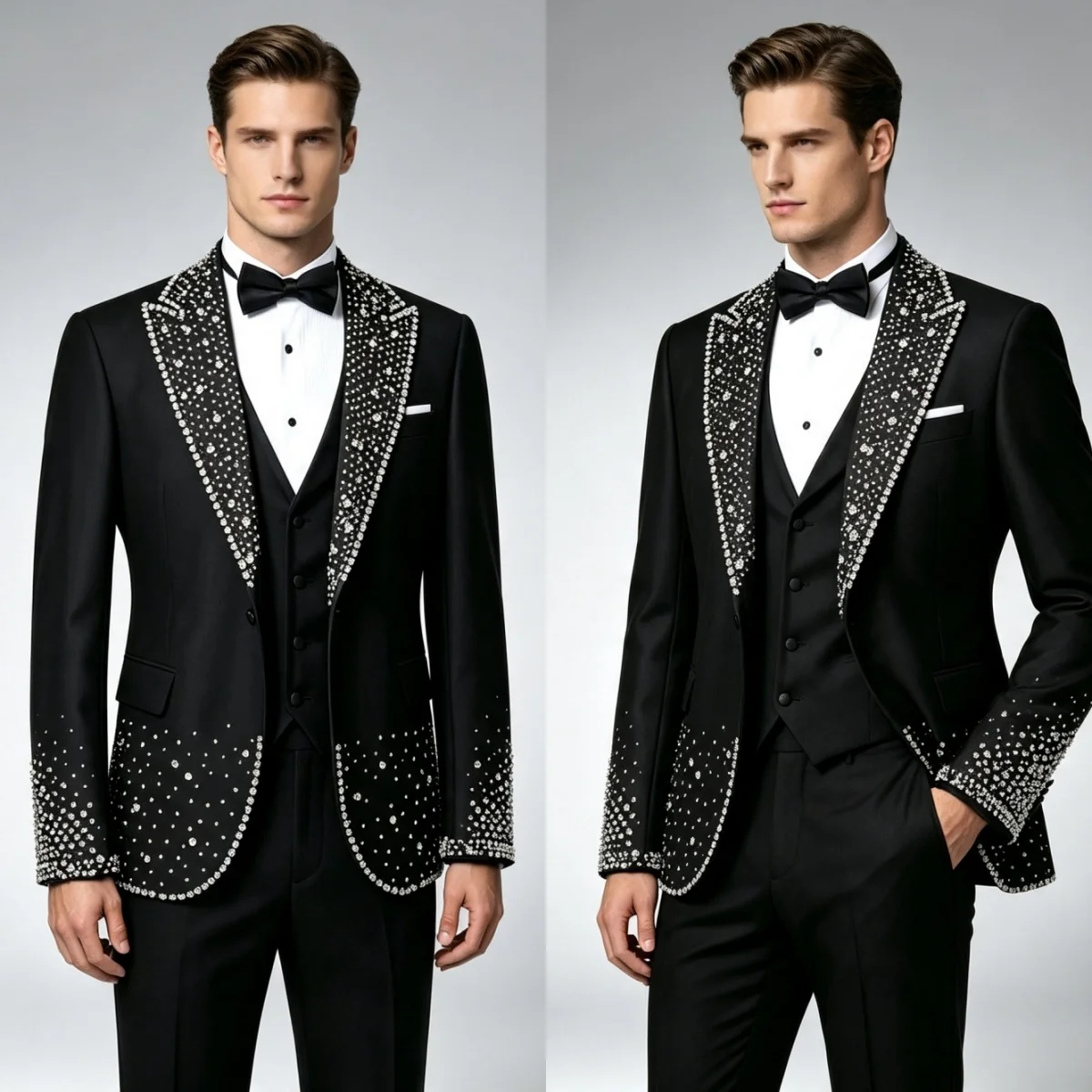 Customized Wedding Tuxedos Beaded Crystal 3 Piece Set Jacket Vest Pants Men Suit Peaked Lapel Blazers For Graduation Banquet