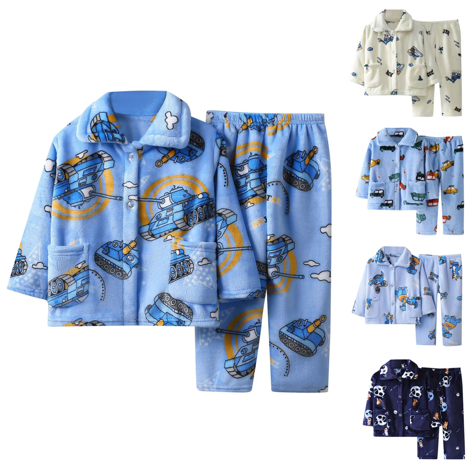 New Kids Boys Girls Autumn Winter Soft Flannel Pajamas Sets Cartoon Long Sleeve Lapel Tops with Pants Pyjamas Sleepwear Clothing