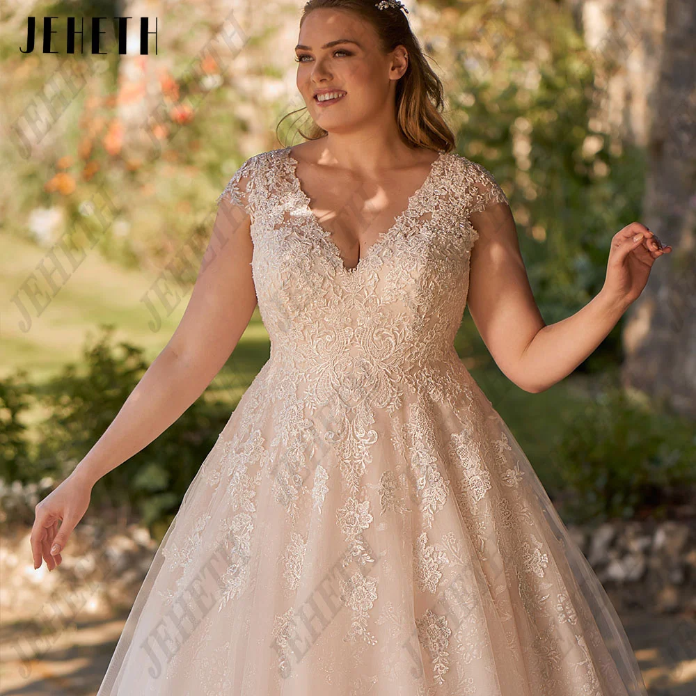 JEHETH Exquisite Wedding Dresses Plus Size For Woman V-Neck Short Sleeves Lace Up Bride Gowns Applique A-Line vestidos de novia