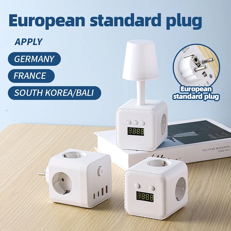 

Удлинитель с 3 розетками, часами, регулируемым ночником, защитой от перенапряжения, выключателем, 3 портами USB-A и 2 портами USB-C для дома