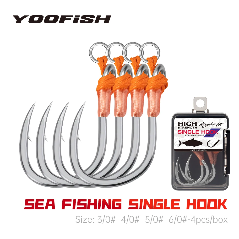 Yoofish gt gancho único para pesca marítima, 3/0 4/0 5/0 6/0, aço carbono de alta resistência, anticorrosão, farpado, equipamento de pesca marítima