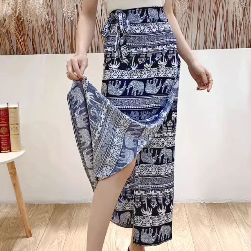 

Thai Dai Ethnic Women's One-piece Lace Up Wrapped Skirt With Floral Color Long Skirt