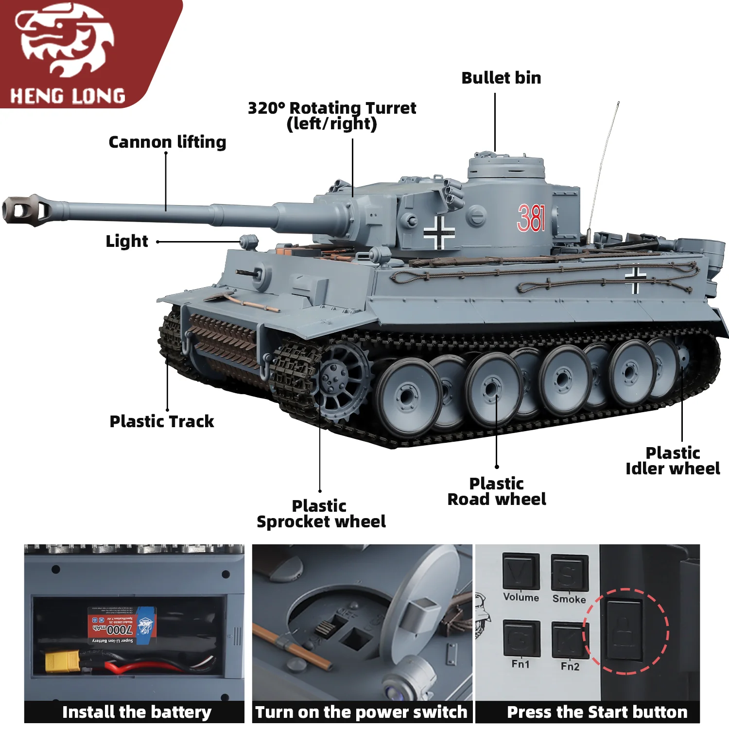 Heng Long RC-Panzer 1/16 Deutsches TigerIMain-Panzermodell (Vollplastik-Basic-Version). & 320 °   Rotierender Turm & TK7.0) Nr.3818