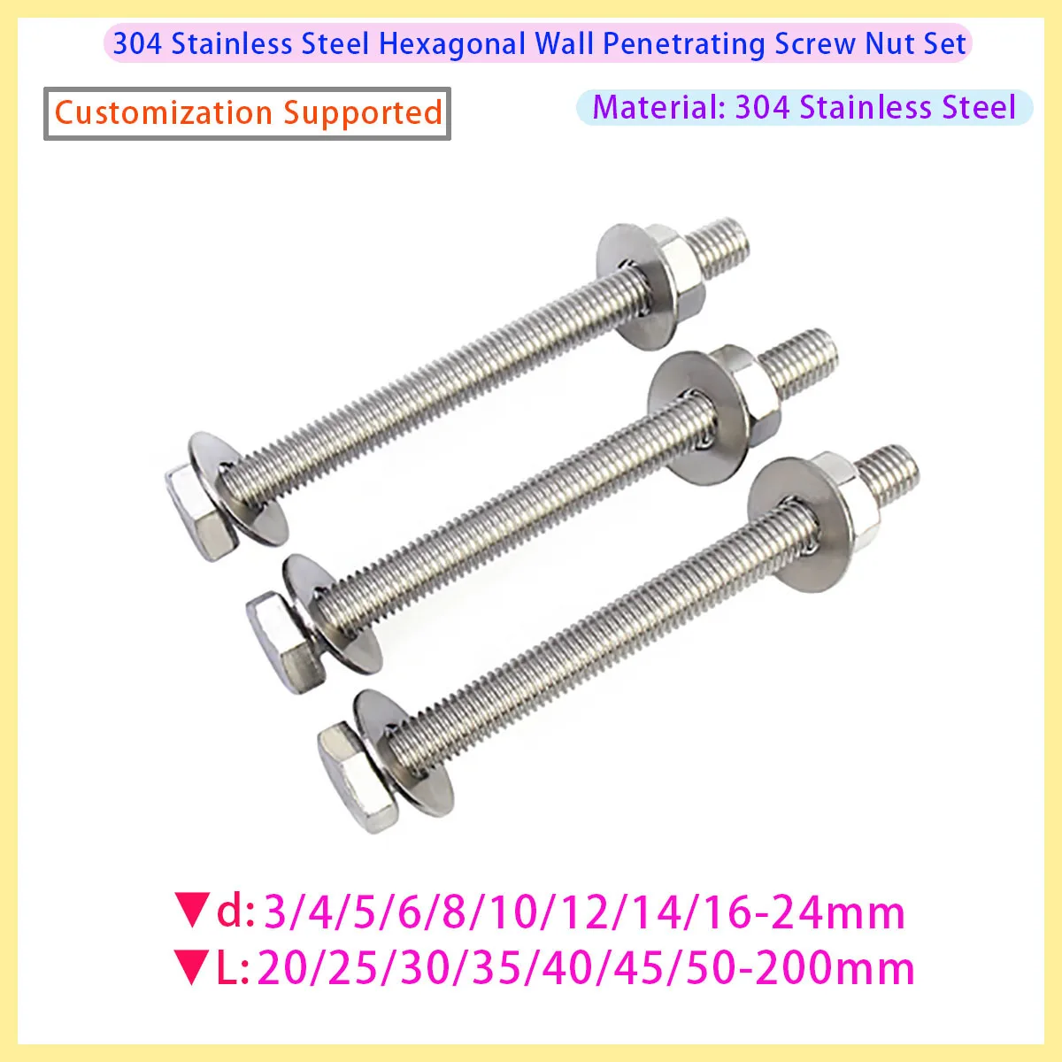 304 Stainless Steel Hex Head Through Wall Bolt Nut Kit Extra Long Double Pass Stud Screws M2-M16