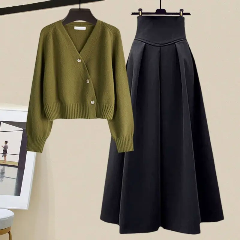 2023 Spring Autumn French Style Wear Design Sense Cardigan Knitwear High Waist Slim Half Skirt Two Piece Set For Women Outfits