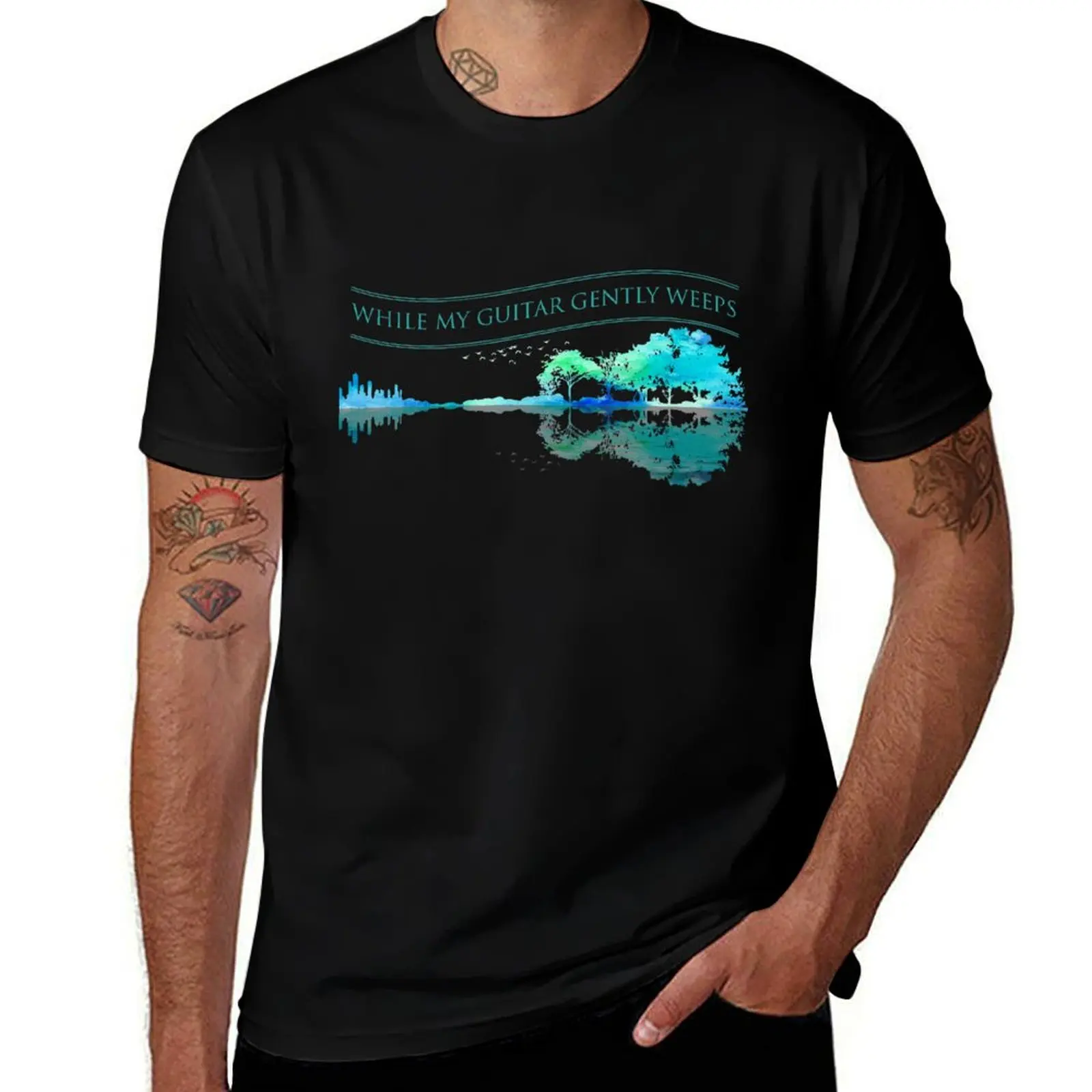 While My Guitar Gently Weeps - Camiseta con estampado de guitarra y naturaleza, estilo vintage
