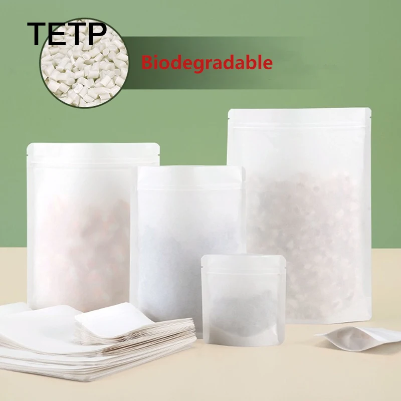 TETP-bolsas biodegradables de 50 piezas para envasado de alimentos, color blanco, para el hogar, galletas, frutos secos, almacenamiento, reutilizable, respetuoso con el medio ambiente