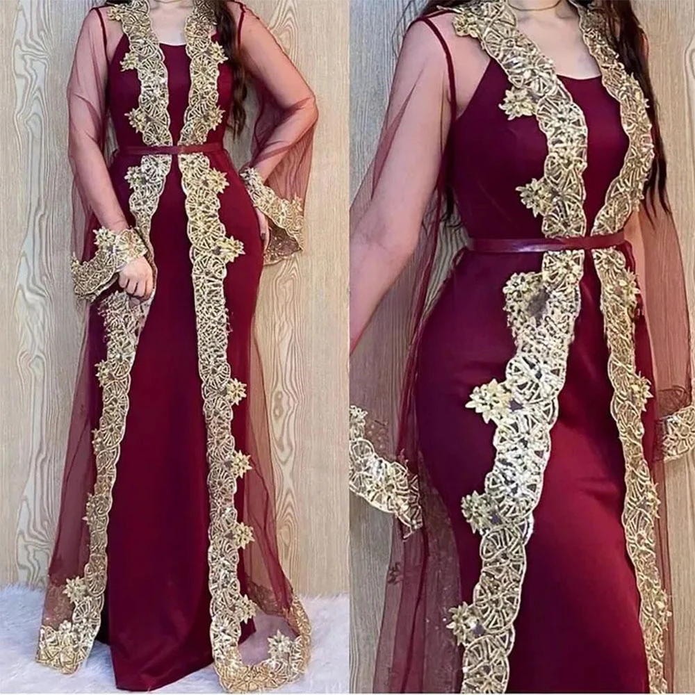 Kosovo Albanian Caftan Evening Dress With Coat Middle East Arabic Dubai Prom Dresses Mermaid Gold Applique Formal Occasion Wear