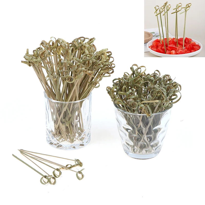 Descartável bambu gravata atada Espetos, torcida termina, cocktail comida, frutas picaretas, garfo varas, buffet, cupcake topper, 100pcs