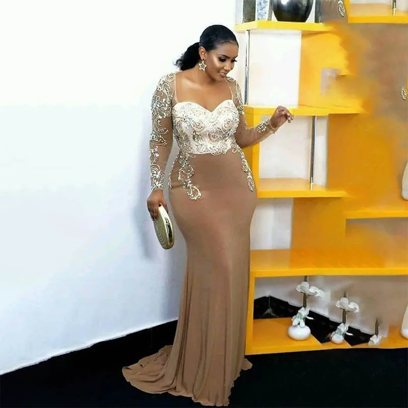 Stylish African Permaid Mother Of The Bride Dress Long Sleeves Beaded Champagne Groom Mother Dresses For Weddings ﻿