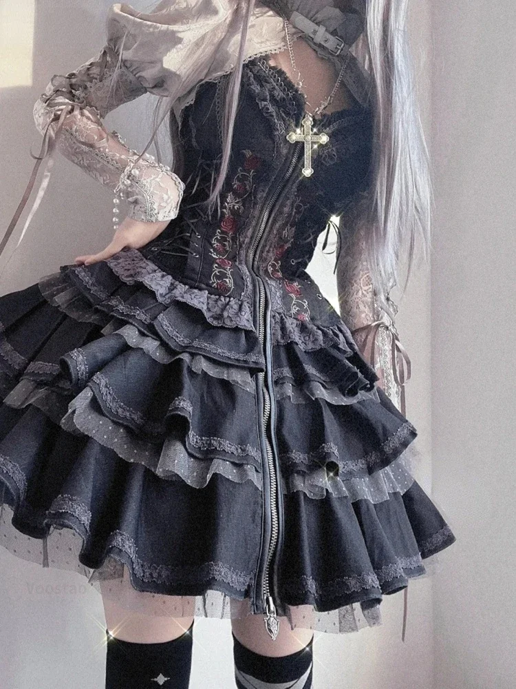 

2025 Gothic Lolita Y2k Dress Women Vintage Victorian Harajuku Lace Bandage Rose Embroidery Party Dresses Girls Sleeveless