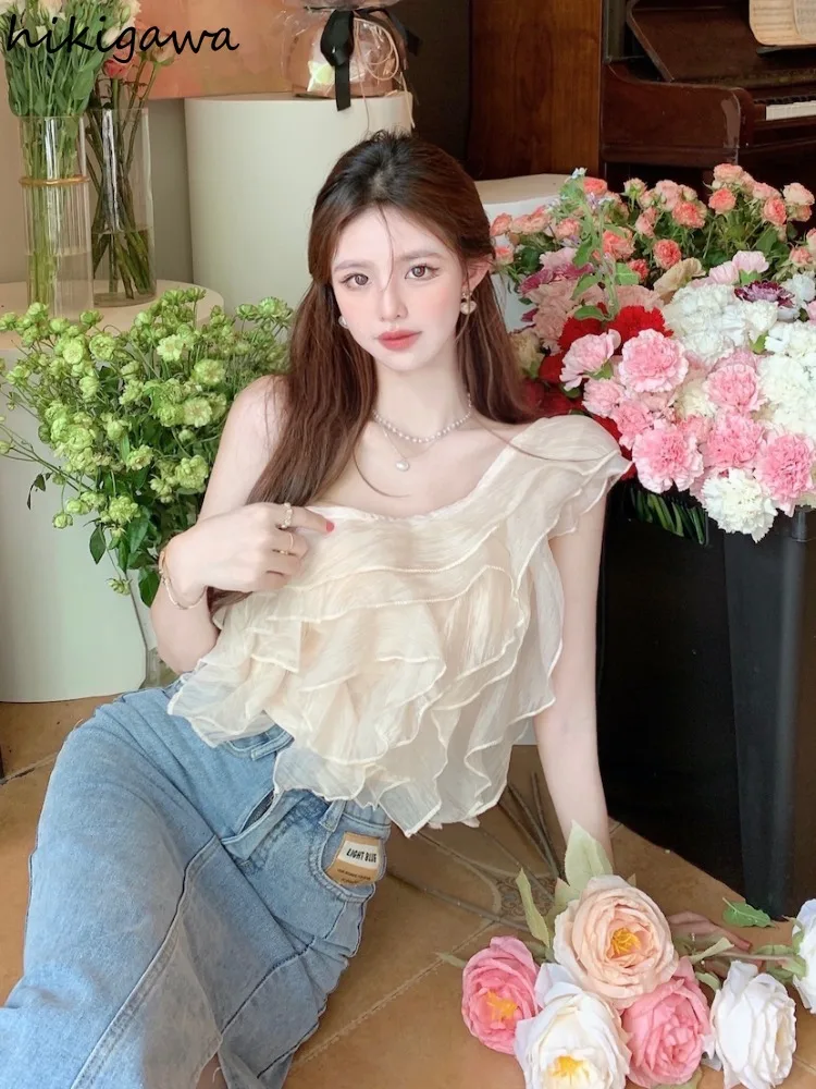 2024 Blusas De Mujer Summer Blouse for Women Off Shoulder Chiffon Crop Tops Sweet Ruffles Solid Color Sexy Blouses Shirts 27v089