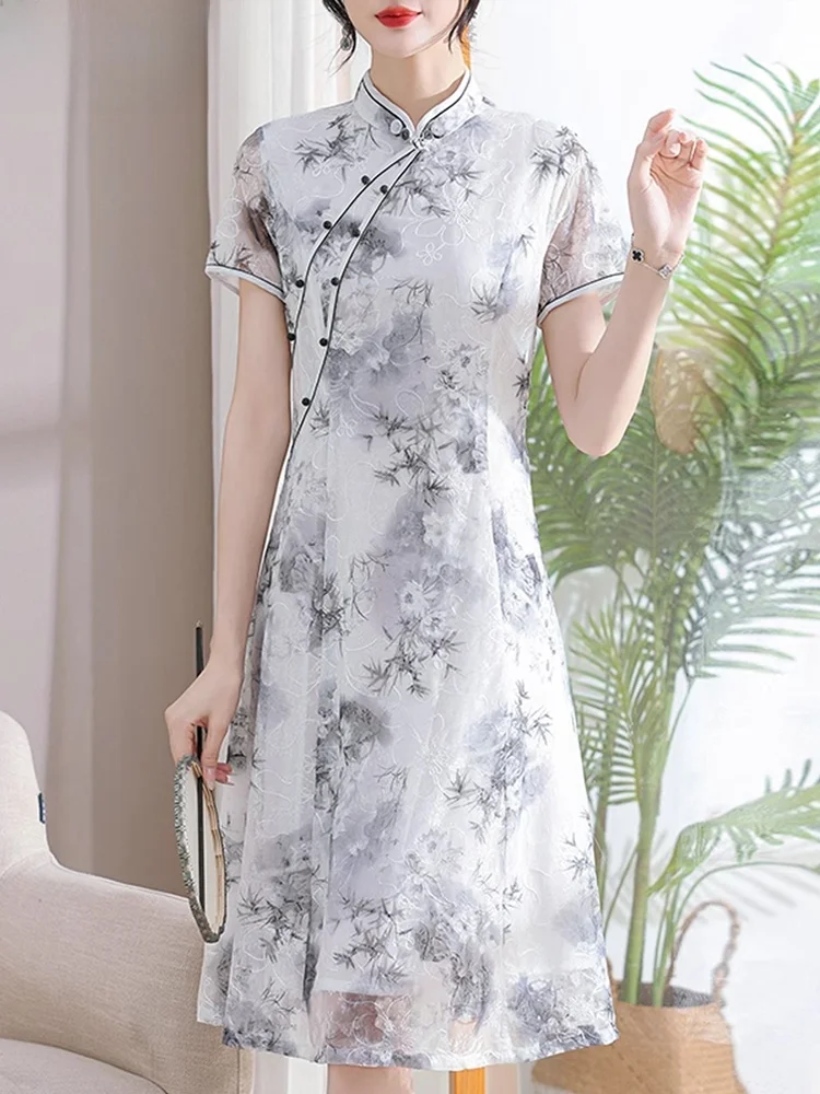 

Новая китайская летняя юбка из шелкового жоржета для мам среднего и старшего возраста, с коротким рукавом