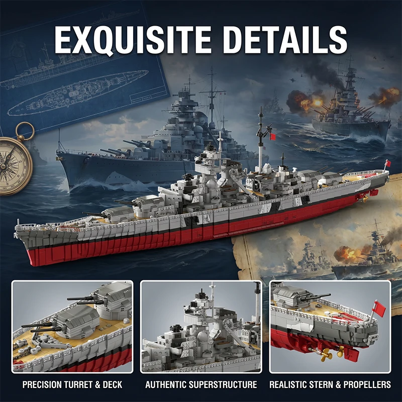 1:200 KMS Bismarck Battleship Building Blocks Building Blocks Sets Technicial Large Warship Navy Ship Assembly Brick Model Kit  Toy Adults DIY Gift 6956PCS