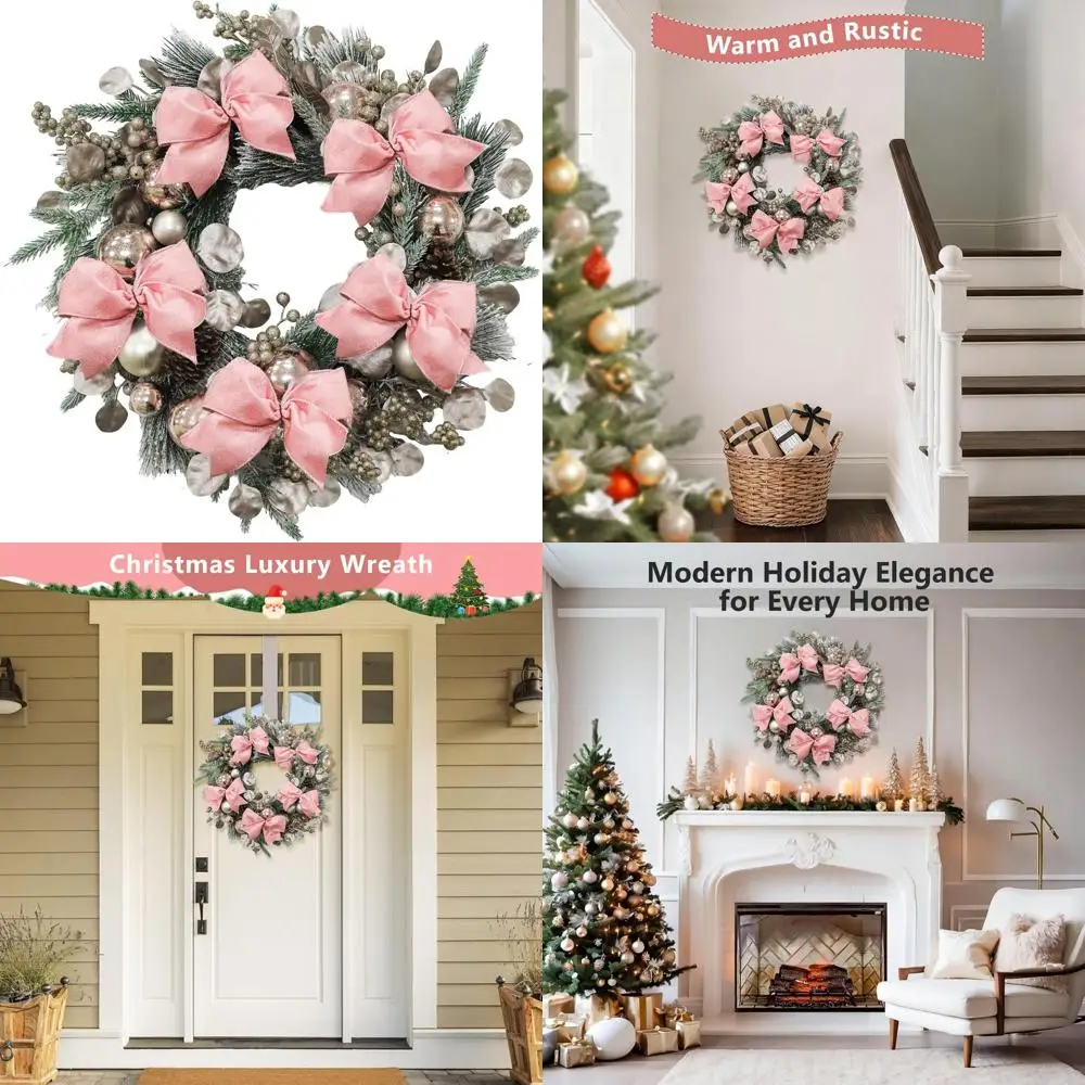 

Искусственный рождественский венок с розовыми бантами, натуральными сосновыми шишками и золотыми ягодами для праздничного украшения передней двери