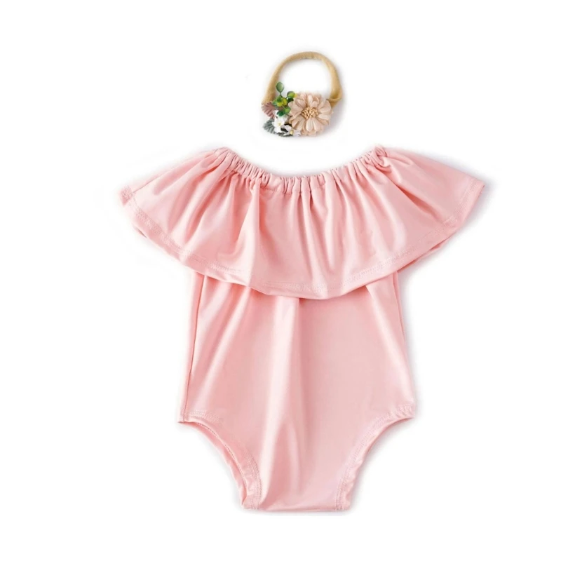 2Pcs/set Newborns Photography Outfit Jumpsuit Dress with Flower Headwear Photoshoots Clothes for 1-6 Months Baby Girls QX2D