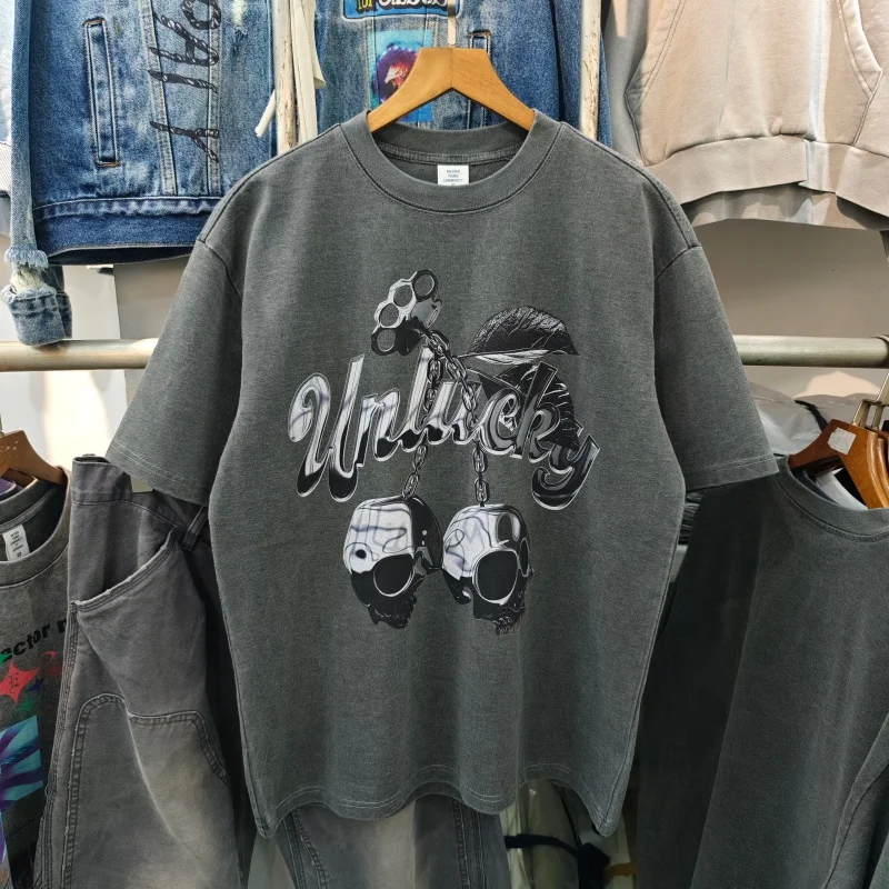Men Two Tone Vintage T-Shirt Retro Skull Chain Print Daily Short Sleeve Tee