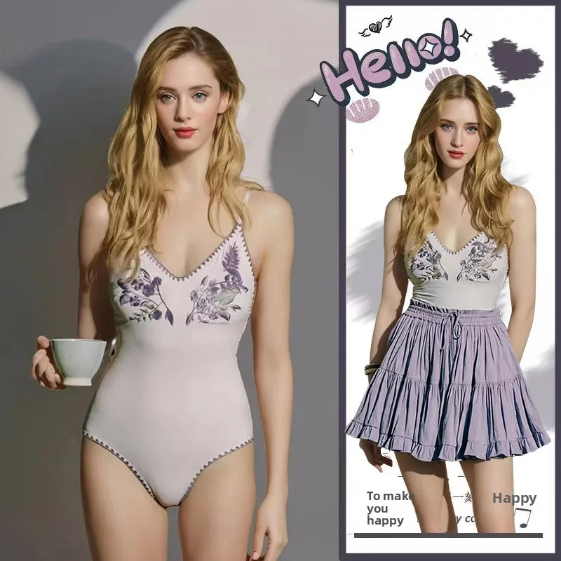 Retro Embroidered Floral Halter  Swimsuit Women's Thermal Vacation Slimming Cover-Up Elegant Beachwear