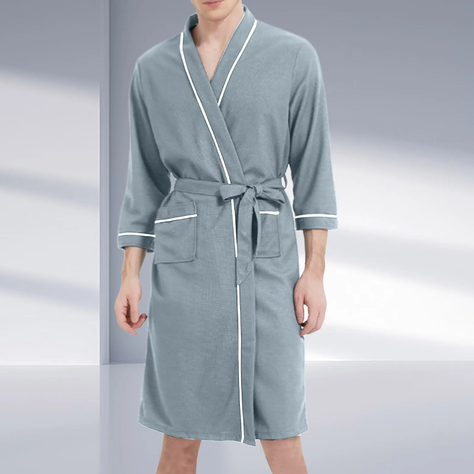 Mens Spa Bathrobe Autumn And Winter Solid Color Lace-Up Men\'s Pajamas Knee Length Male Bathrobe With Pockets Dress Night Gown