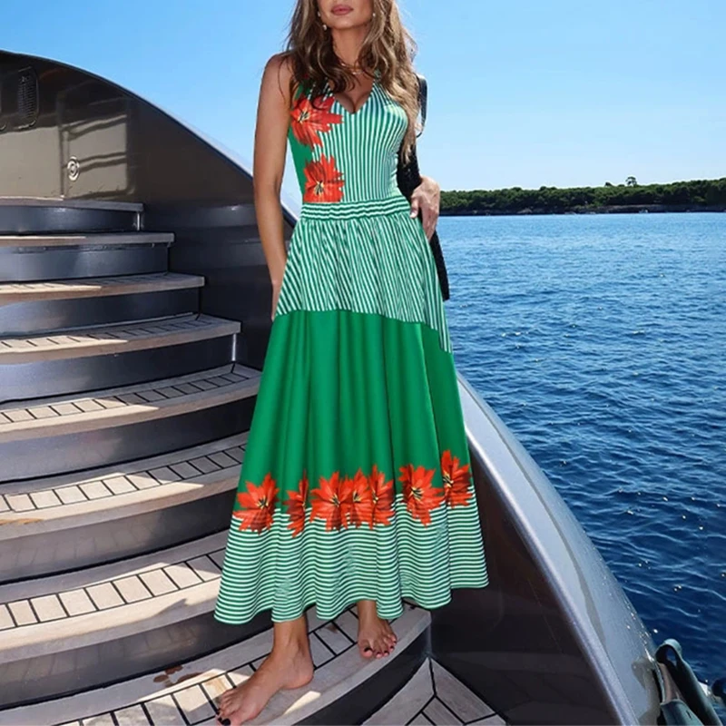 Striped Print Off Shoulder One Piece Bikini Summer High Waisted Pleated Long Skirt Women's Set Casual Beach Slim Fit Swimsuits