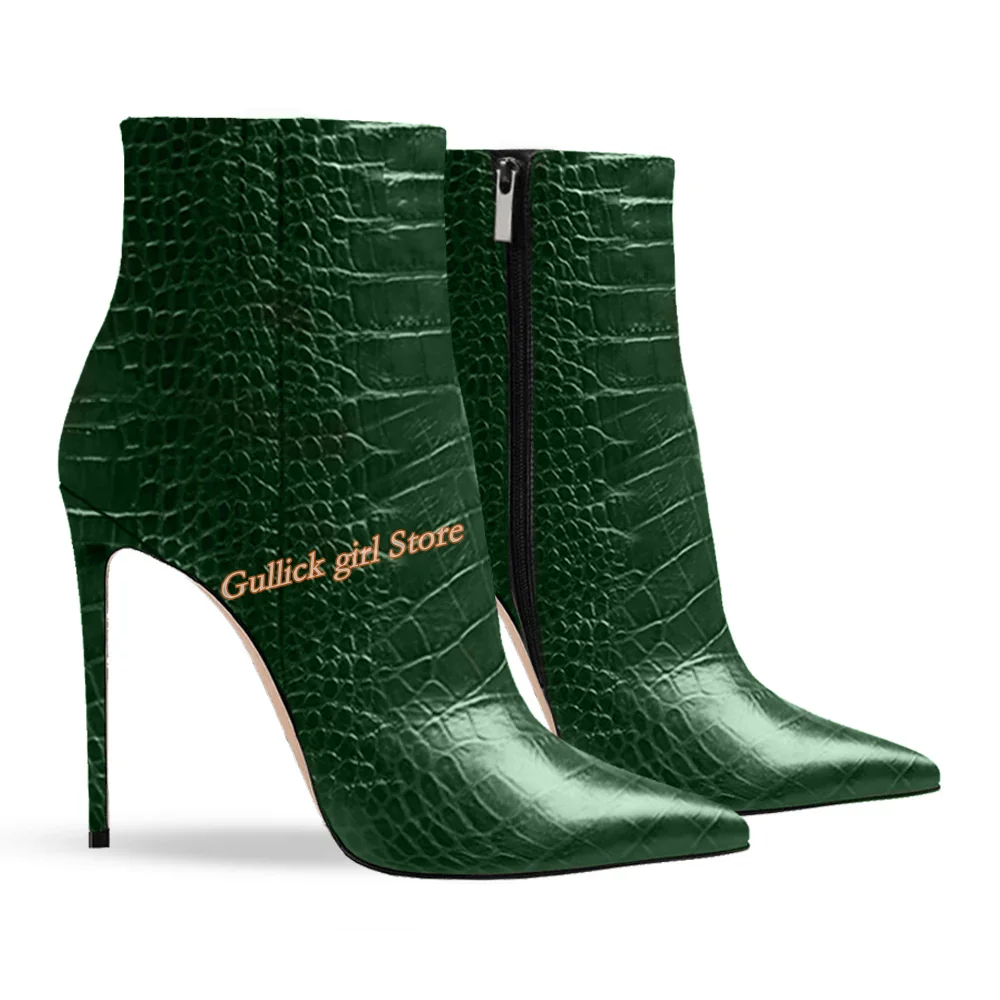 

Зеленые ботильоны из крокодиловой кожи на молнии, пикантные женские модельные туфли на тонком высоком каблуке-шпильке с острым носком