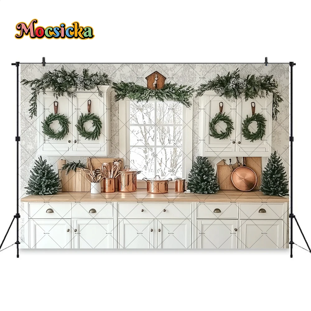 White Christmas Kitchen Background Photography Green Xmas Wreath Cabinets Rustic Wooden Backdrop Family Kids Photoshoot Studio