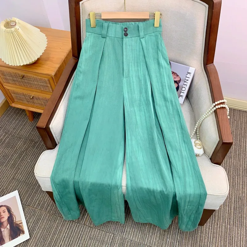 

South Wind Silk Pleated Wide Leg Pants Vintage Minimalist High Waist Zipper Closure Lenzing Fiber Loose Fit Ladies Trousers