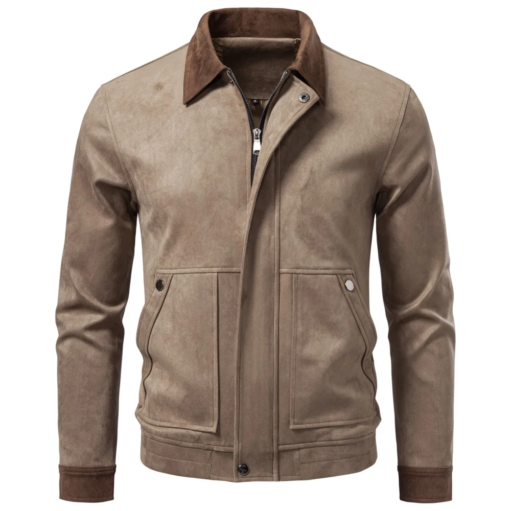AIOPESON Men Vintage Business Jacket Faux Suede Zip Up Lapel Collar Pockets Ribbed Cuffs Color Block Slim Fit Spring Autumn Coat