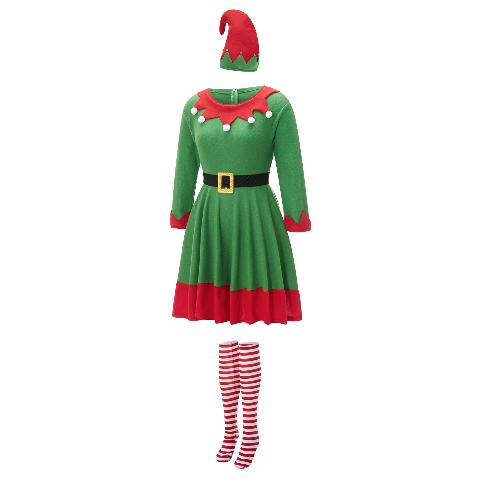 Women Christmas Elf Costumes Dresses with Belt Striped Stockings and Hats Set for Cosplay Role-Playing Party Outfits