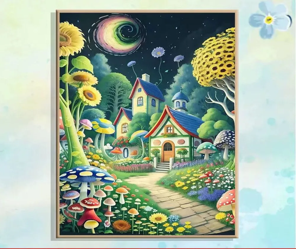 Embroider handmade cross stitch finished fairy tale town mushroom house full embroidery hanging painting homedecoration wall art